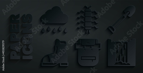 Set Hiking backpack, Shovel, Hunter boots, Waterfall, Centipede insect and Cloud with rain icon. Vector