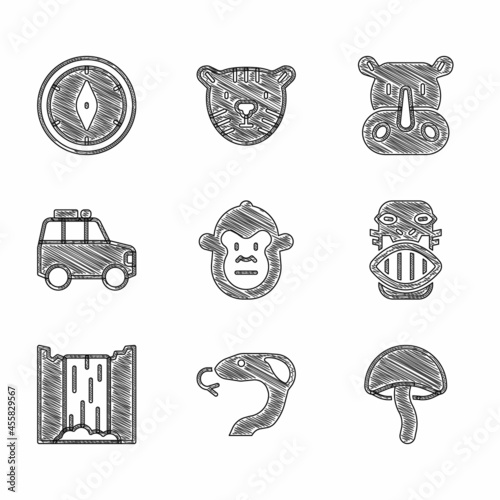 Set Monkey, Snake, Mushroom, Mexican mayan or aztec mask, Waterfall, Car, Rhinoceros and Compass icon. Vector