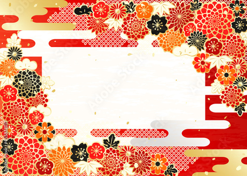 着物のような華やかな和風の花柄フレーム背景イラスト