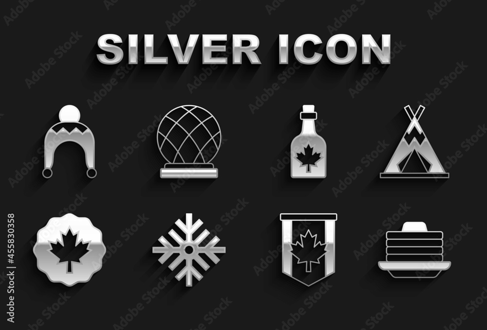 Set Snowflake, Indian teepee or wigwam, Stack of pancakes, Pennant flag Canada, Canadian maple leaf, Bottle syrup, Winter hat and Montreal Biosphere icon. Vector Set Snowflake, Indian teepee or wigwam, Stack of pancakes, Pennant flag Canada, Canadian maple leaf, Bottle syrup, Winter hat and Montreal Biosphere icon. Vector
