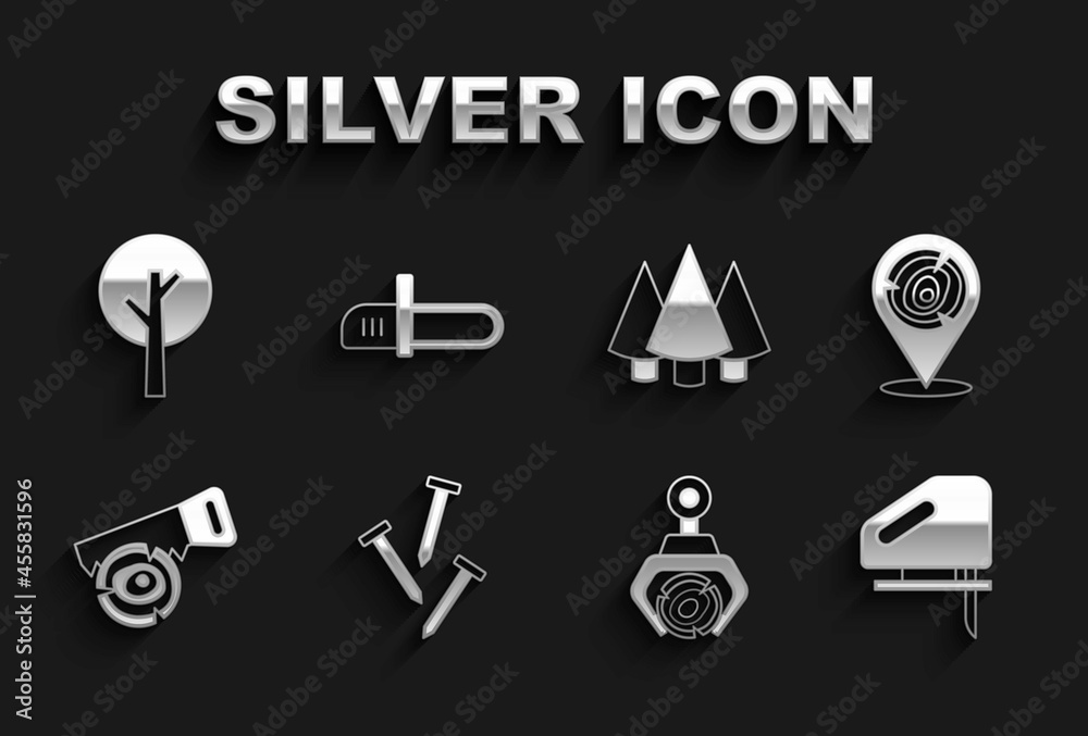 Set Metallic nails, Wooden logs, Electric jigsaw, Grapple crane grabbed, Hand and, Christmas tree, Tree and Chainsaw icon. Vector Set Metallic nails, Wooden logs, Electric jigsaw, Grapple crane grabbed, Hand and, Christmas tree, Tree and Chainsaw icon. Vector
