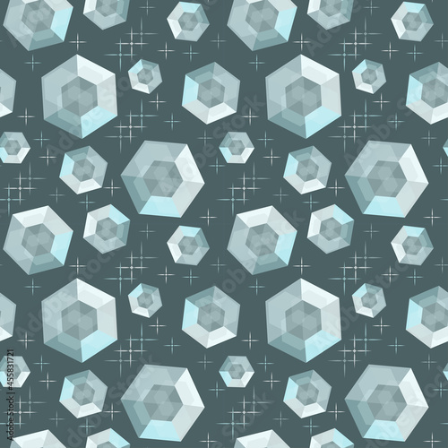 Abstract illustration of falling, flying crystals, magic stones among stars. Seamless vector pattern for design of tarot cards, esoteric sessions, textiles, packaging.