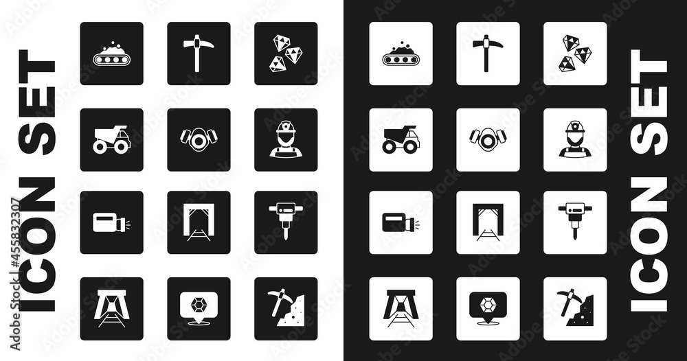 Set Gem stone, Gas mask, Mining dump truck, Conveyor belt carrying coal, Miner helmet, Pickaxe, Construction jackhammer and Flashlight icon. Vector Set Gem stone, Gas mask, Mining dump truck, Conveyor belt carrying coal, Miner helmet, Pickaxe, Construction jackhammer and Flashlight icon. Vector