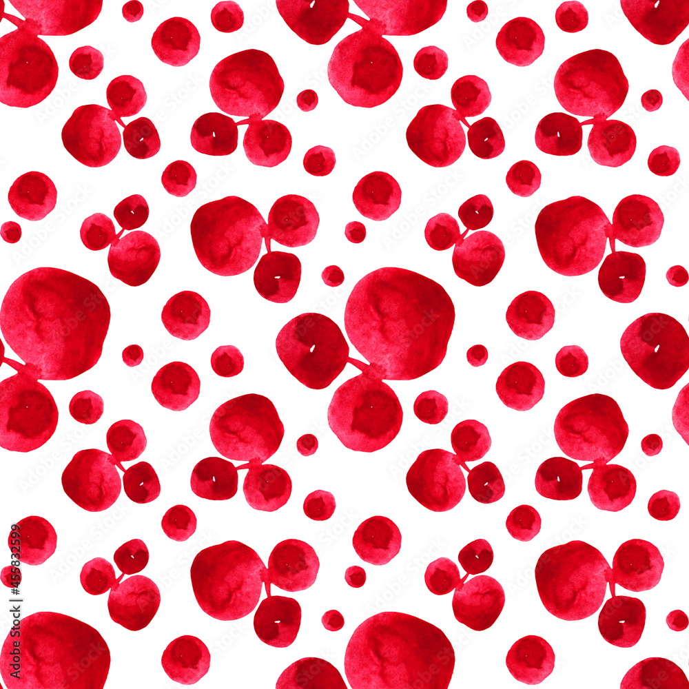 Hand drawn seamless pattern watercolor abstract red blob like berries on white. Art creative vivid stain background for wrapping, wallpaper, scrapbook, card, sketchbook, coloring book, notebook Hand drawn seamless pattern watercolor abstract red blob like berries on white. Art creative vivid stain background for wrapping, wallpaper, scrapbook, card, sketchbook, coloring book, notebook