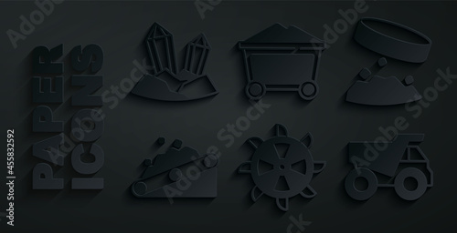 Set Bucket wheel excavator, Giant magnet holding iron dust, Conveyor belt carrying coal, Mining dump truck, Mine trolley and Gem stone icon. Vector