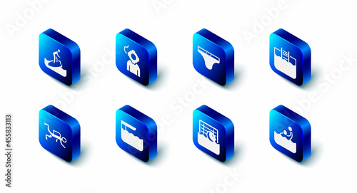Set Aqualung, Swimming trunks, pool with ladder, Water polo, Diving board or springboard, Scuba diver and Surfboard icon. Vector