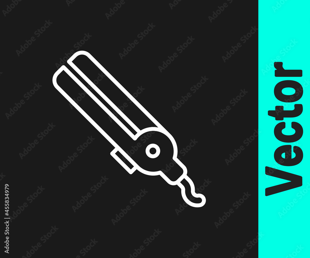 White line Curling iron for hair icon isolated on black background. Hair straightener icon. Vector White line Curling iron for hair icon isolated on black background. Hair straightener icon. Vector