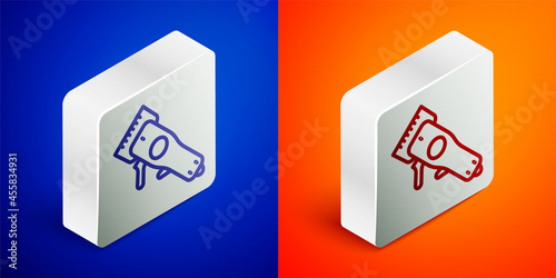 Isometric line Electrical hair clipper or shaver icon isolated on blue and orange background. Barbershop symbol. Silver square button. Vector