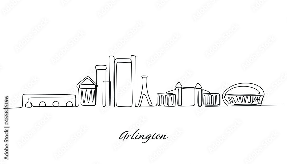 Continuous single line drawing of Arlington city skyline, Virginia. Famous city for wall decor print. World travel concept. Editable stroke modern one line draw design vector illustration