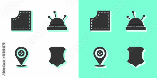 Set Leather, Sewing Pattern, Location tailor shop and Needle bed and needles icon. Vector