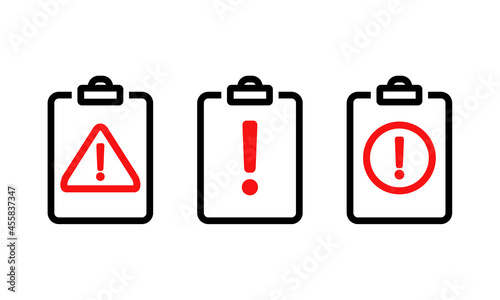 Clipbosrd with exclamation mark. Document  file error notification. Illustration vector