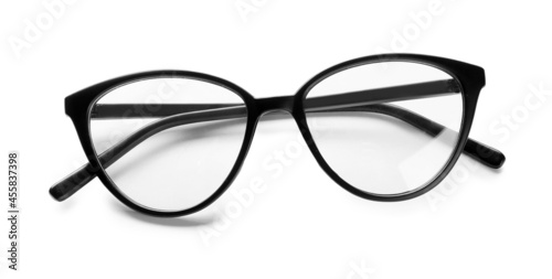 Stylish eyeglasses on white background