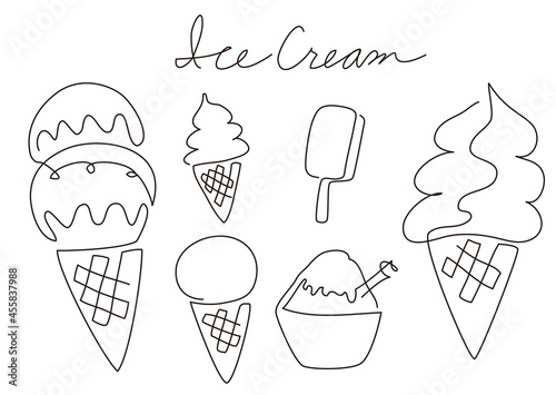 一筆書き　アイスクリームとソフトクリームとかき氷（白黒、モノクロ）
