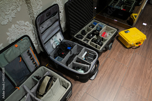 Close up of camera cases on floor