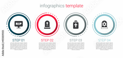 Set Speech bubble rip death, Grave with tombstone, Funeral urn and star of david. Business infographic template. Vector