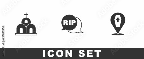 Set Church building, Speech bubble rip death and Coffin with cross icon. Vector