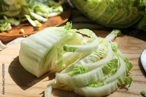 Fresh cut chinese cabbage on table, closeup