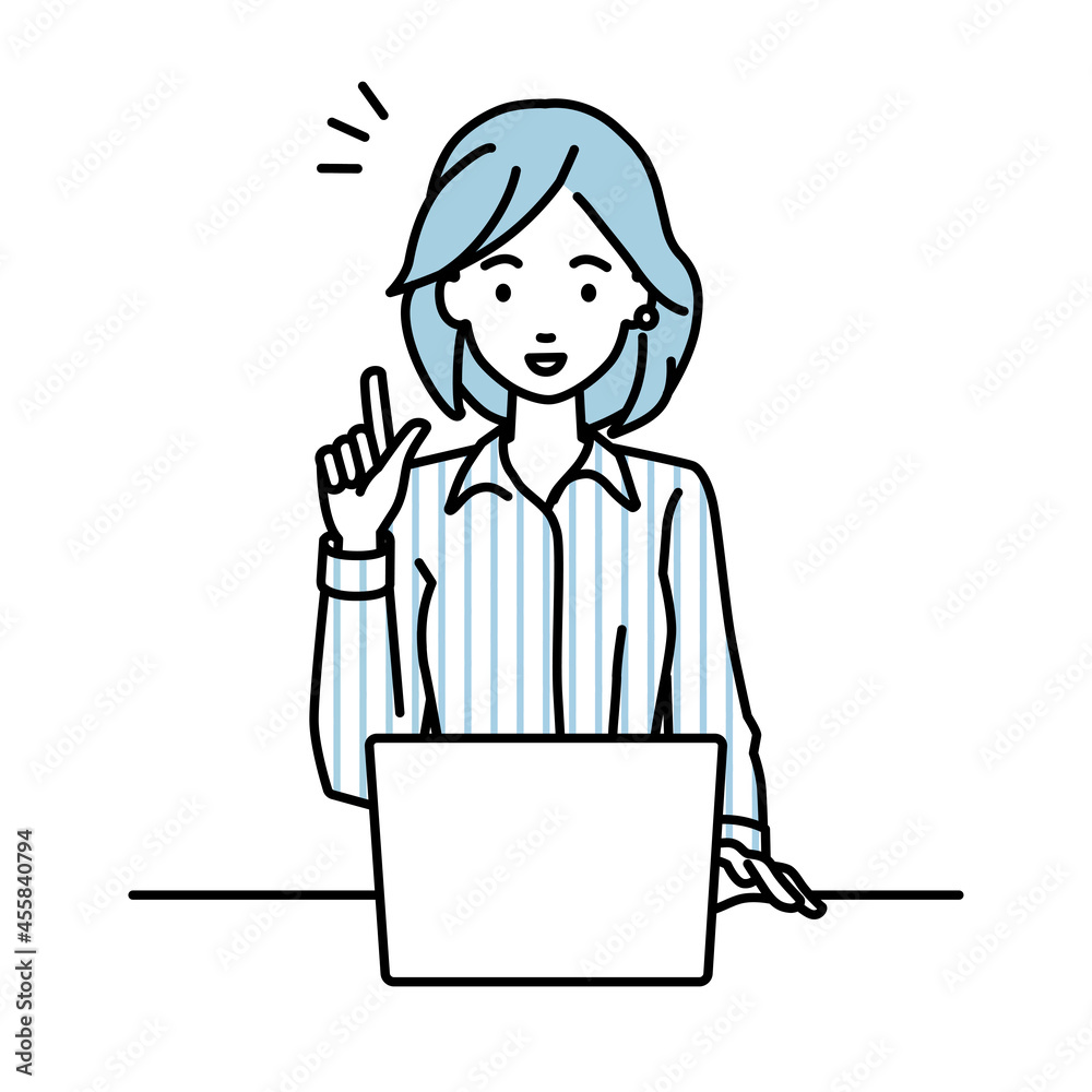デスクで座ってPCを開いて何かひらめいたブラウスの女性 デスクで座ってPCを開いて何かひらめいたブラウスの女性