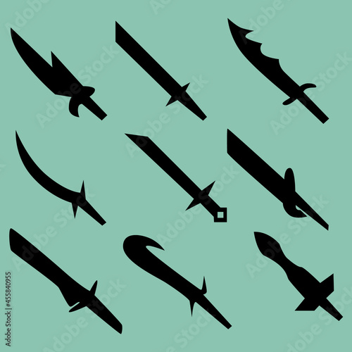 Set of nine silhouettes of combat knives. Image for icons, icons, games, sites and more.