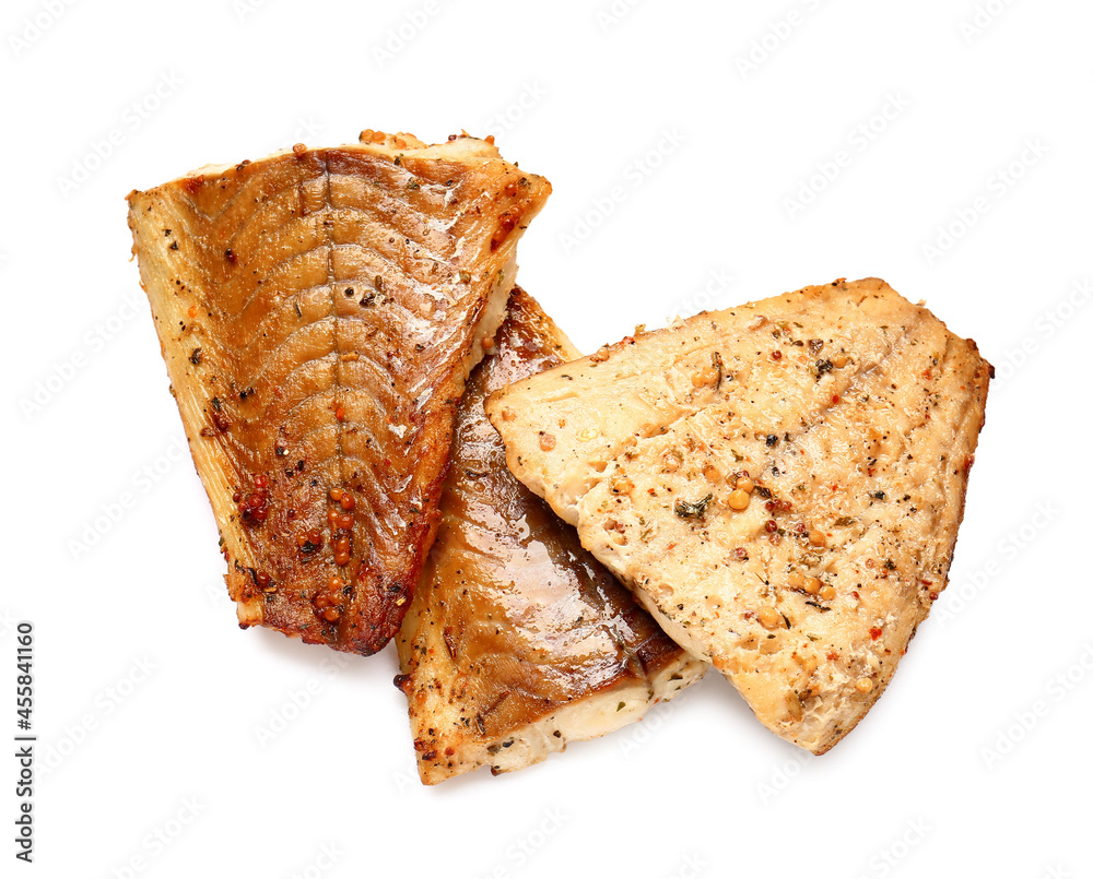 Tasty baked cod fillet on white background Tasty baked cod fillet on white background