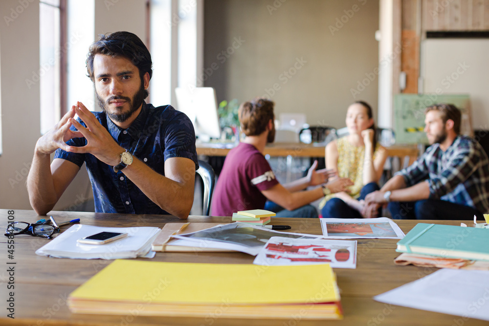 Fototapeta premium Portrait confident casual businessman in sunny office