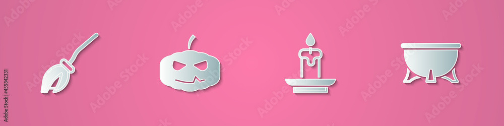 Set paper cut Witches broom, Pumpkin, Burning candle and Halloween witch cauldron icon. Paper art style. Vector Set paper cut Witches broom, Pumpkin, Burning candle and Halloween witch cauldron icon. Paper art style. Vector