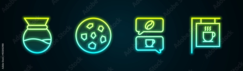 Set line Pour over coffee maker, Cookie or biscuit, Coffee and conversation and Street signboard. Glowing neon icon. Vector
