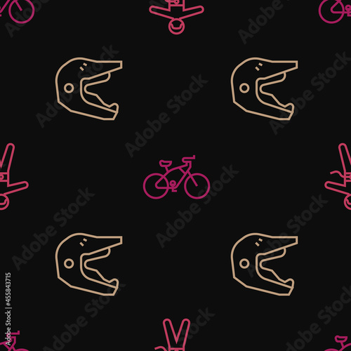 Set line Bungee jumping, Motocross motorcycle helmet and Bicycle on seamless pattern. Vector