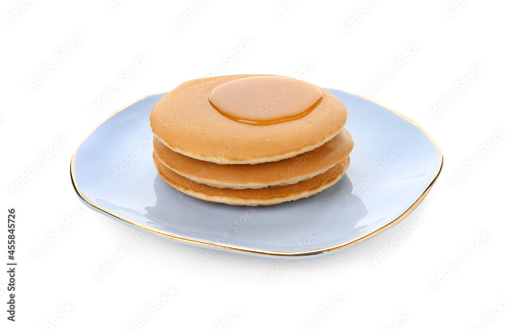 Plate of tasty pancakes with honey on white background Plate of tasty pancakes with honey on white background
