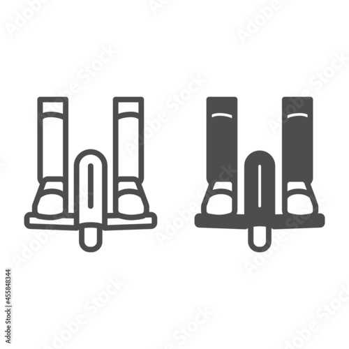 Legs on unicycle line and solid icon, electric transport concept, feet on monowheel vector sign on white background, outline style icon for mobile concept and web design. Vector graphics.