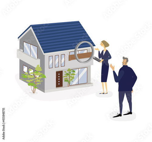 マイホームを診断する虫眼鏡を持った人物のベクターイラスト