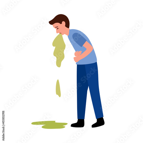 Man suffering from vomit in flat design. Nausea throwing up from food poisoning symptom or drunk.