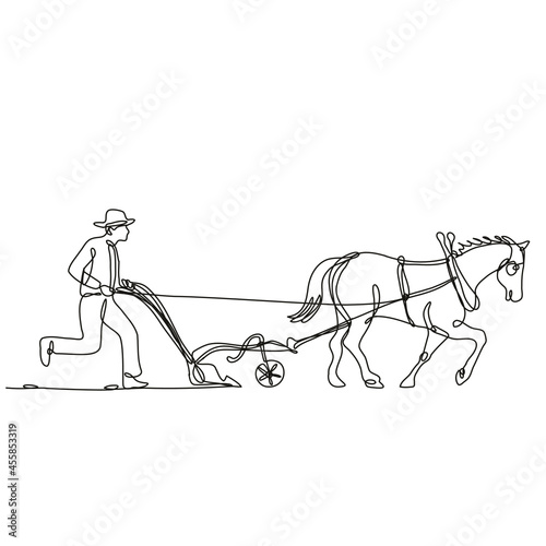 Continuous line drawing illustration of an organic farmer and horse plowing field side view done in mono line or doodle style in black and white on isolated background. 