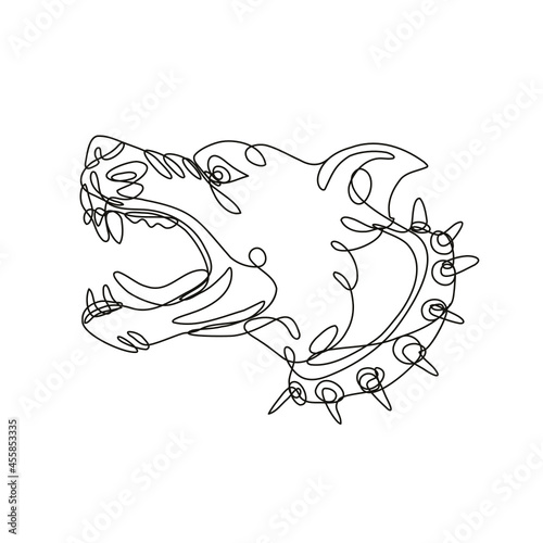 Continuous line drawing illustration of an angry American pitbull terrier barking side view done in mono line or doodle style in black and white on isolated background. 