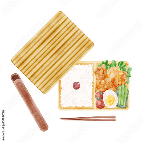 日本の唐揚げ弁当の手描き水彩風イラスト