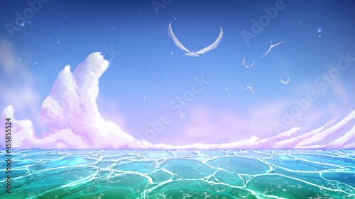 anime cloud on the sea night sky background handrawn