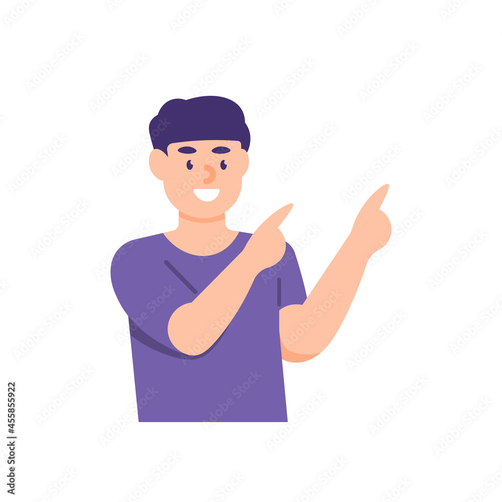 illustration of a man pointing at something. pose to present, to inform. smiling person. recommend. pointing with a finger. flat cartoon style. vector design illustration of a man pointing at something. pose to present, to inform. smiling person. recommend. pointing with a finger. flat cartoon style. vector design