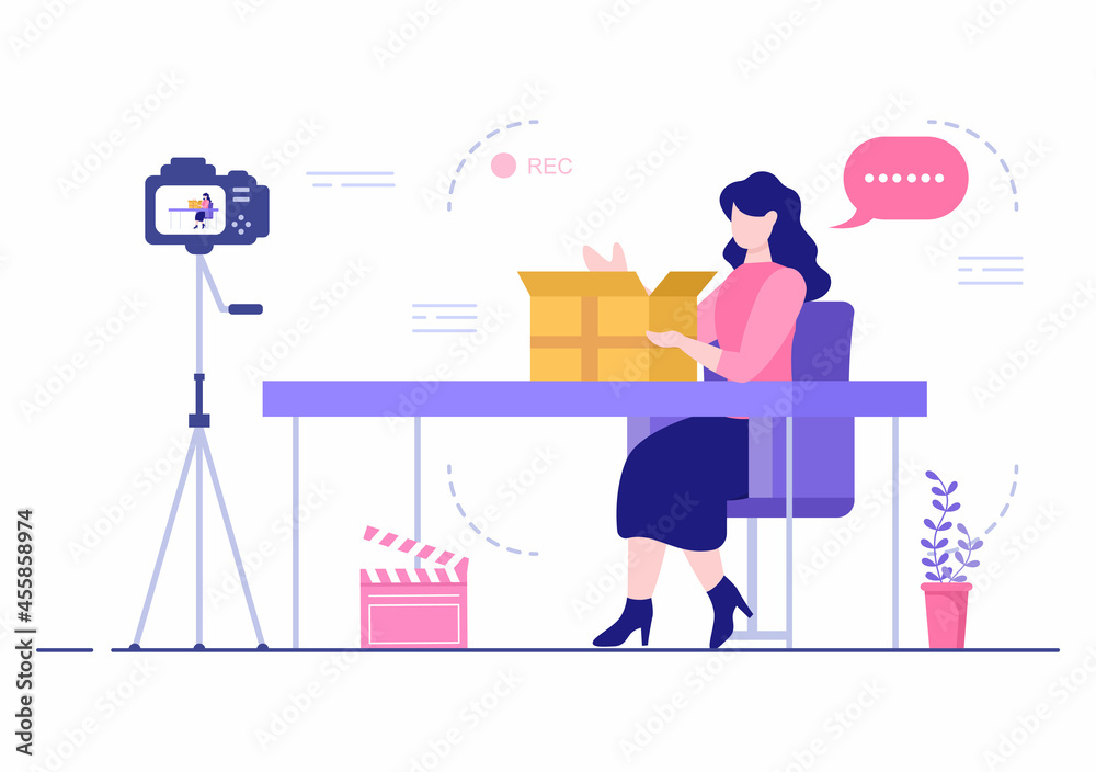 Blogger Unboxing Cardboard Package Content Creator Background of for Making Video Online in Social Media Shopping Blog Vector Illustration