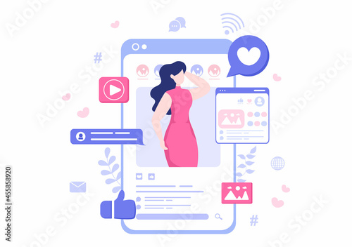 Influencer Blogger Content Creator Background of Sharing Moments at Social Networks or Making Post for Followers Can use to Poster and Web Design Template Vector Illustration