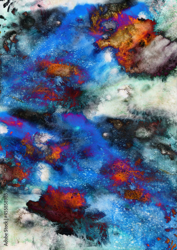 Abstract multicolor dynamic background with creative splashes and shabby brush strokes effect.