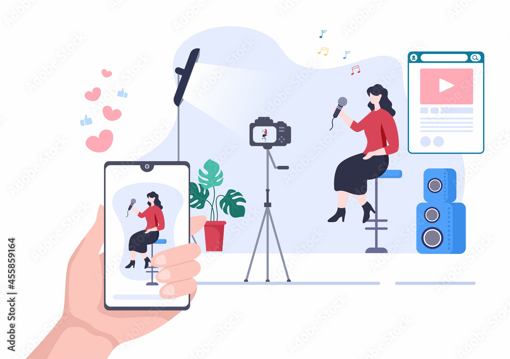 Live Music Content Creator Background Musician is Playing Guitar, Singing Through Camera in Living Room Flat Design Vector Illustration Live Music Content Creator Background Musician is Playing Guitar, Singing Through Camera in Living Room Flat Design Vector Illustration