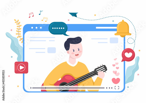 Live Music Content Creator Background Musician is Playing Guitar, Singing Through Camera in Living Room Flat Design Vector Illustration