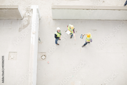 Overhead view of construction workers at construction site