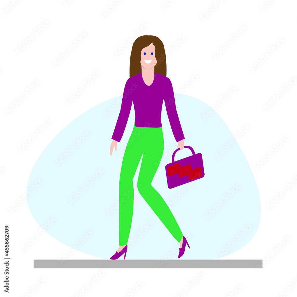a girl in trousers with a woman's purse goes smiling, shopping, modern flat design style 