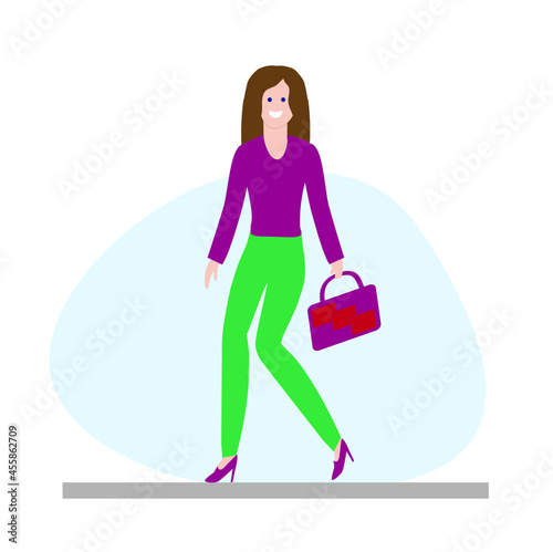 a girl in trousers with a woman's purse goes smiling, shopping, modern flat design style 