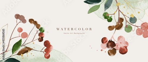Photo Autumn background design  with watercolor brush texture, Flower and botanical leaves watercolor hand drawing