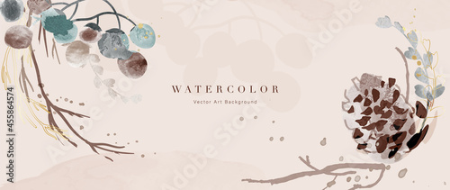 Autumn background design  with watercolor brush texture, Flower and botanical leaves watercolor hand drawing. Abstract art wallpaper design for wall arts, wedding and VIP invite card.  Vector EPS10