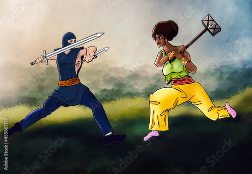 a strong african woman with a warhammer fighting a skilled ninja