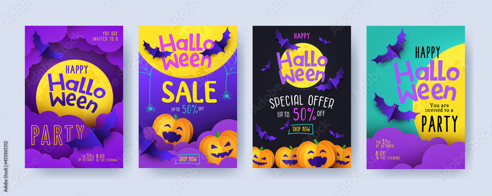 Halloween Party invitations, greeting cards, posters for Sales with calligraphy, cutest pumpkins, 
full moon, bats in night clouds. Design template for advertising, web, social media. Paper cut stylе