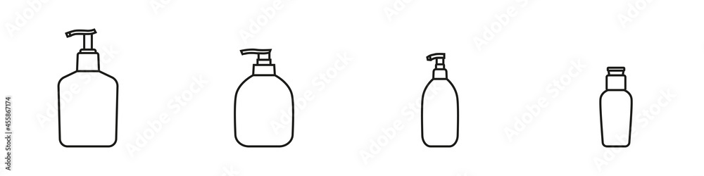Conjunto de icono de envase de diferentes tamaños. Gel antibacterial, alcohol, jabón líquido. Frasco o recipiente. Ilustración vectorial Conjunto de icono de envase de diferentes tamaños. Gel antibacterial, alcohol, jabón líquido. Frasco o recipiente. Ilustración vectorial